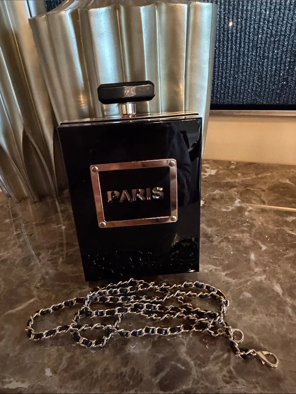 Black Paris Bottle-Style Chain Crossbody Bag